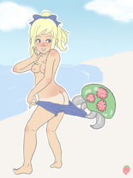 Rule 34 | artist request, ass, assisted exposure, barefoot, beach, bikini pull, blonde hair, blue eyes, blue one-piece swimsuit, blush, breasts, butt crack, clothes pull, coppertone girl, embarrassed, food, fruit, metroid, metroid (creature), nintendo, nipples, one-piece swimsuit, pantsing, parody, ponytail, samus aran, short hair, strawberry, surprised, swimsuit, tan, tanline, topless, undressing