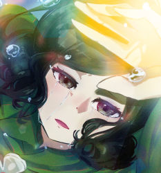 Rule 34 | 1girl, black eyes, black hair, cape, crying, crying with eyes open, green cape, hand up, highres, miranjo, niiike442, ousama ranking, solo, sunlight, tears