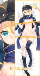 Rule 34 | 1girl, ahoge, artoria pendragon (fate), bad id, bad pixiv id, bed sheet, billie (meng gong fang), black hat, black thighhighs, blonde hair, blue eyes, blue scarf, breasts, censored, censored nipples, cleavage, dakimakura (medium), fate/grand order, fate (series), from above, full body, groin, hair between eyes, hat, long hair, lying, multiple views, mysterious heroine x (fate), navel, nude, on back, ponytail, scarf, sidelocks, small breasts, thighhighs, underboob, visor cap