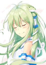 Rule 34 | 1girl, absurdres, bare shoulders, blush, closed eyes, closed mouth, collared shirt, commentary request, detached sleeves, diving penguin, frog hair ornament, green hair, hair between eyes, hair ornament, hair tubes, highres, kochiya sanae, long hair, portrait, shirt, sleeveless, sleeveless shirt, snake hair ornament, solo, touhou, white background, white shirt