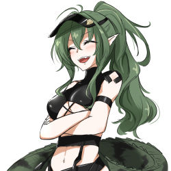 Rule 34 | 1girl, arknights, arm strap, bikini, black bikini, blush, closed eyes, commentary request, crocodilian tail, crossed arms, fang, gavial (arknights), green hair, long hair, maiq06, navel, official alternate costume, open mouth, ponytail, simple background, smile, solo, swimsuit, tail, teeth, upper body, upper teeth only, visor, white background