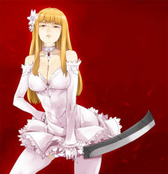 Rule 34 | 1girl, between breasts, blonde hair, breasts, choker, cleavage, detached sleeves, dress, earrings, flower, glaring, gloves, hair flower, hair ornament, hamushima, hand on own hip, hip focus, jewelry, large breasts, long hair, machete, magical grim, original, pinky out, red eyes, solo, thighhighs, weapon, white thighhighs