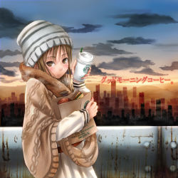 Rule 34 | 1girl, bag, beanie, blush, brown eyes, brown hair, cityscape, cloud, cold, cup, english text, engrish text, eyelashes, female focus, food, fur trim, grey hat, hat, highres, long hair, long sleeves, looking at viewer, original, outdoors, product placement, ranguage, ren (nyanyo), rust, sandwich, sky, solo, starbucks, sunset, sweater, translation request