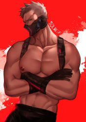 Rule 34 | 1boy, abstract background, absurdres, arkaros, bara, black gloves, character name, collarbone, covered mouth, cowboy shot, crossed arms, gloves, grey hair, groin, highres, looking at viewer, male focus, mask, mouth mask, muscular, narrowed eyes, nipples, overwatch, overwatch 1, pectorals, profile, red background, short hair, soldier: 76 (overwatch), solo, tan, topless male, undressing, white hair