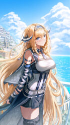 Rule 34 | 1girl, absurdres, arknights, arms behind back, blonde hair, blue eyes, blue hairband, blush, breasts, closed mouth, cloud, gongbangmanchi (daisy cutter), hair ornament, hairband, highres, horns, large breasts, long hair, looking at viewer, ocean, outdoors, pointy ears, saileach (arknights), smile, solo, thighs, water