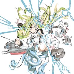Rule 34 | 1girl, ahoge, ankle boots, azur lane, bare shoulders, black footwear, blonde hair, blush, boots, breasts, bright pupils, cable, clenched hand, clothes writing, detached sleeves, dress, eldridge (azur lane), electricity, eyebrows, facial mark, fetal position, fingerless gloves, floating hair, full body, gloves, hair ornament, highres, holding, jitome, long hair, long sleeves, looking away, looking to the side, machinery, open mouth, orange eyes, saitama (antitankromeo), short dress, single glove, sleeveless, sleeveless dress, small breasts, solo, static, thighhighs, turret, twintails, white dress, white gloves, white pupils, white thighhighs, wire