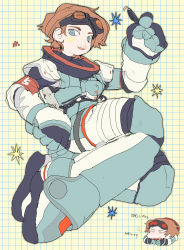 Rule 34 | 1girl, airborne, animification, apex legends, blue eyes, blue gloves, blush, chibi, chibi inset, gloves, goggles, goggles on head, hair behind ear, highres, holding, holding pen, horizon (apex legends), kagaya (oshiriudon), open mouth, orange hair, pen, short hair, sketch, smile, solo focus, spacesuit