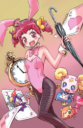 Rule 34 | 1girl, ace (playing card), ace of hearts, alice (alice in wonderland), alice (alice in wonderland) (cosplay), alice in wonderland, animal ears, blush, bow, bowtie, breasts, candy (smile precure!), card, cleavage, closed umbrella, cosplay, detached collar, fake animal ears, fishnet pantyhose, fishnets, heart, highres, hoshizora miyuki, isedaichi ken, joker (playing card), joker (smile precure!), leotard, pantyhose, pink bow, pink eyes, pink hair, playboy bunny, playing card, pocket watch, pop (smile precure!), precure, rabbit ears, short hair, small breasts, smile, smile precure!, umbrella, watch, white rabbit (alice in wonderland), white rabbit (cosplay), wrist cuffs