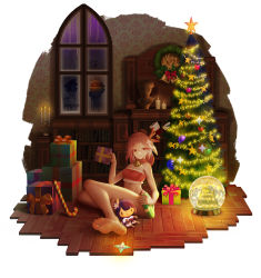 Rule 34 | 1girl, absurdres, antlers, barefoot, box, christmas, christmas tree, feet, genshin impact, gift, gift box, heart, heart-shaped pupils, highres, horns, long hair, looking at viewer, pink hair, soles, strapless, symbol-shaped pupils, toes, tube top, yae miko