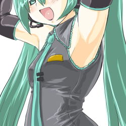 Rule 34 | armpits, blush, dd (ijigendd), detached sleeves, elbow gloves, flat chest, gloves, green eyes, green hair, hatsune miku, long hair, microphone, music, necktie, singing, solo, twintails, vocaloid