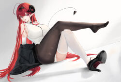 Rule 34 | 1girl, absurdres, asymmetrical legwear, azur lane, black hairband, black pantyhose, blush, breasts, crossed legs, curled horns, demon tail, detached sleeves, hair ornament, hairband, high heels, highleg, highres, hindenburg (azur lane), horns, large breasts, leotard, long hair, looking at viewer, off shoulder, open mouth, pantyhose, pointy ears, red eyes, red hair, sitting, smile, solo, suo bu ye feng, tail, thighhighs, white leotard, white thighhighs