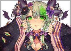 Rule 34 | 1girl, :p, alternate costume, alternate hairstyle, blush, bow, braid, breasts, bsapricot, apricot the lich, chinese clothes, cleavage, demon girl, demon horns, flower, frilled sleeves, frills, green eyes, hair bow, hair flower, hair ornament, hairclip, highres, horns, lich, long hair, long sleeves, looking at viewer, medium breasts, multicolored nails, multiple horns, nail polish, pointy ears, purple bow, purple flower, tongue, tongue out, twin braids, virtual youtuber, vshojo, wide sleeves, x hair ornament