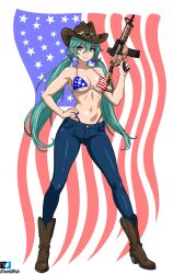 Rule 34 | absurdres, american flag, american flag bikini, american flag print, artist name, bikini, blue eyes, blue hair, blue nails, boots, breasts, brown footwear, cowboy hat, denim, flag print, full body, gun, hand on own hip, hat, hatsune miku, highres, holding, holding gun, holding weapon, jeans, large breasts, long hair, looking at viewer, multicolored nails, navel, pants, print bikini, red nails, smile, sunglasses, swimsuit, t-works, thong, twintails, twitter logo, twitter x logo, very long hair, vocaloid, weapon, weapon request, worldwide miku