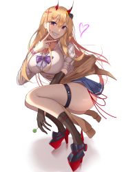 Rule 34 | 1girl, absurdres, azur lane, black gloves, black socks, blonde hair, blue skirt, blush, bow, bowtie, breasts, brown cardigan, candy, cardigan, cardigan around waist, choker, cleavage, clothes around waist, collarbone, collared shirt, commentary, cross hair ornament, elbow gloves, food, full body, gloves, grin, hair between eyes, hair ornament, hair ribbon, hand up, harris hero, high heels, highres, holding, holding food, horns, kneehighs, kumano (azur lane), large breasts, lollipop, long hair, looking at viewer, loose bowtie, miniskirt, nail polish, oni horns, pleated skirt, purple bow, purple bowtie, purple eyes, red nails, reflection, ribbon, rudder footwear, scrunchie, sharp teeth, shirt, side-tie peek, sidelocks, simple background, single elbow glove, skindentation, skirt, sleeves rolled up, smile, socks, solo, squatting, teeth, thigh strap, v over mouth, white background, white shirt, wrist scrunchie