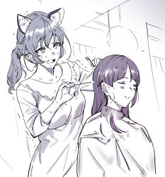 Rule 34 | 2girls, ^^^, ^ ^, alternate hairstyle, animal ear fluff, animal ears, blush, cat ears, closed eyes, closed mouth, cutting hair, dress, emphasis lines, closed eyes, failure, fang, frilled dress, frills, hair brush, brushing hair, hairdressing, kaguya madoka, long hair, long sleeves, multiple girls, nervous, aged up, open mouth, ponytail, precure, raised eyebrow, scissors, severed hair, sketch, star twinkle precure, sugarbeat, sweat, symbol-only commentary, trembling, upper body, yuni (precure)