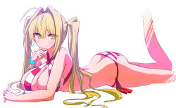 Rule 34 | 10s, 1girl, ahoge, ass, bikini, blonde hair, breasts, butt crack, cleavage, fate/extra, fate/grand order, fate (series), green eyes, hair intakes, halterneck, highres, himo, huge ahoge, large breasts, long hair, nero claudius (fate), nero claudius (fate) (all), nero claudius (swimsuit caster) (fate), red bikini, side-tie bikini bottom, simple background, solo, striped bikini, striped clothes, swimsuit, thighs, twintails, white background, white bikini