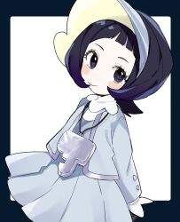 Rule 34 | 1girl, black hair, blush stickers, child, closed mouth, commentary, creatures (company), dress, eyelashes, game freak, grey dress, grey eyes, grey hat, grey jacket, hat, highres, jacket, jewelry, long sleeves, looking at viewer, necklace, nintendo, open clothes, open jacket, pokemon, pokemon sv, poppy (pokemon), smile, solo, symbol-only commentary, ukocome, visor cap, white background
