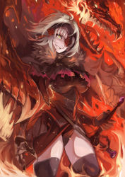 Rule 34 | 1girl, armor, armored dress, black dress, black panties, dragon, dress, fate/grand order, fate (series), floating hair, gauntlets, grin, holding, holding sword, holding weapon, jeanne d&#039;arc (fate), jeanne d&#039;arc alter (avenger) (fate), jeanne d&#039;arc alter (fate), long hair, nagasawa tougo, panties, pixiv fate/grand order contest 2, silver hair, smile, solo, standing, sword, underwear, weapon, yellow eyes