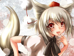 Rule 34 | 1girl, animal ears, blush, cosplay, female focus, hat, highres, inubashiri momiji, leaning forward, looking at viewer, open mouth, red eyes, remyu, shameimaru aya, shameimaru aya (cosplay), short hair, silver hair, smile, solo, tail, tokin hat, touhou, wolf ears, wolf tail