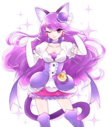 Rule 34 | 10s, 1girl, animal ears, bow, bubble skirt, cat ears, cat tail, chemaru (a8l), choker, cowboy shot, cure macaron, earrings, elbow gloves, extra ears, food-themed hair ornament, gloves, hair ornament, highres, jewelry, kirakira precure a la mode, kotozume yukari, layered skirt, long hair, looking at viewer, macaron hair ornament, magical girl, one eye closed, precure, purple bow, purple eyes, purple hair, purple skirt, purple theme, purple thighhighs, ribbon choker, skirt, smile, solo, tail, thighhighs, white background, white gloves