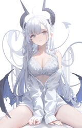 Rule 34 | 1girl, black horns, blue eyes, bra, breasts, cleavage, commentary request, demon girl, demon tail, demon wings, fingernails, highres, horns, large breasts, long hair, long sleeves, looking at viewer, nail polish, nekojira, off-shoulder shirt, off shoulder, original, parted lips, red nails, revision, shirt, simple background, sitting, sleeves past wrists, solo, tail, thea (nekojira), thighs, underwear, very long hair, white background, white bra, white hair, white shirt, wings