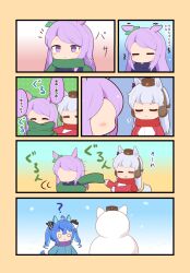 Rule 34 | 3girls, = =, animal ears, aqua hair, blue hair, blunt bangs, bow, brown headwear, chibi, coat, cold, commentary, ear bow, gold ship (umamusume), gomashio (goma feet), gradient background, green bow, green scarf, headgear, highres, horse ears, horse girl, horse tail, jacket, long hair, long sleeves, mejiro mcqueen (umamusume), motion lines, multicolored hair, multiple girls, notice lines, obi spin, pillbox hat, purple hair, red scarf, scarf, smug, snowman, speech bubble, spinning, swept bangs, tail, track jacket, translation request, twin turbo (umamusume), twintails, two-tone hair, umamusume, winter clothes, winter coat