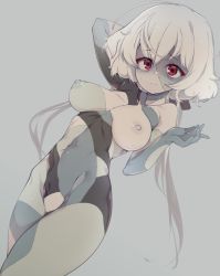 Rule 34 | 1girl, ahoge, alternate breast size, arm behind head, breasts, breasts apart, closed mouth, colored skin, commentary, completely nude, crossed legs, english commentary, grey background, hair ornament, highres, konno junko, large breasts, long hair, looking at viewer, low twintails, multicolored skin, navel, nipples, nude, patchwork skin, red eyes, scar, short hair, simple background, slugbox, solo, stitches, stomach, tears, thighs, twintails, white hair, zombie, zombie land saga