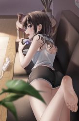 Rule 34 | 1girl, absurdres, angry, ass, bare arms, barefoot, black eyes, black shorts, blurry, blurry foreground, blush, brown hair, camisole, charger, commentary request, couch, day, depth of field, drink, extension cord, fangs, feet, foot out of frame, foot up, glass, highres, holding, holding phone, indoors, leaf, light particles, long hair, looking at viewer, looking back, lying, on couch, on stomach, open mouth, original, phone, plant, potted plant, shadow, short shorts, shorts, soles, solo, table, toes, towel, towel around neck, white camisole, wolla, wooden floor