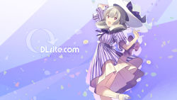 Rule 34 | 1girl, :d, arm up, artist name, blunt bangs, curly hair, dlsite.com, dress, frilled dress, frills, from side, grey hair, hair between eyes, hand up, hat, highres, looking at viewer, natasha (pommier), open mouth, petals, purple dress, purple eyes, sandals, short sleeves, sidelocks, smile, solo, standing, standing on one leg, striped clothes, striped dress, sun hat, vertical-striped clothes, vertical-striped dress, wallpaper, watermark, web address, white hat, xi lily