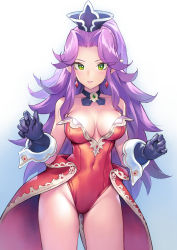 Rule 34 | 1girl, angela (seiken densetsu 3), bare shoulders, blue background, blue gloves, blush, breasts, collarbone, commentary request, covered navel, cowboy shot, earrings, gloves, gradient background, green eyes, groin, hat, highres, jewelry, large breasts, leotard, long hair, looking at viewer, matsuda (matsukichi), pink lips, pointy ears, purple hair, red leotard, seiken densetsu, seiken densetsu 3, smile, solo, standing, strapless, strapless leotard, thighs, very long hair, waist cape, white background