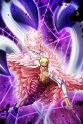 Rule 34 | 1boy, abs, blonde hair, capri pants, closed mouth, coat, donquixote doflamingo, feather coat, male focus, muscular, muscular male, official art, one piece, one piece treasure cruise, open clothes, orange-tinted eyewear, pants, pectorals, pink coat, purple background, running, shirt, short hair, silk, spider web, sunglasses, third-party source, tinted eyewear, white-framed eyewear, white shirt