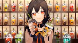 Rule 34 | 1girl, :t, bare arms, black collar, black hair, black shirt, bow, closed mouth, collar, collarbone, commentary request, cup, cup to cheek, detached collar, disposable cup, drinking straw, earrings, hair between eyes, halloween, highres, holding, holding cup, jewelry, orange bow, original, red eyes, shirt, sleeveless, sleeveless shirt, smile, sogawa, solo, upper body, wrist cuffs