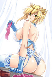 Rule 34 | 1girl, artoria pendragon (fate), artoria pendragon (lancer) (fate), artoria pendragon (lancer alter) (royal icing) (fate), ass, babydoll, back, bare shoulders, blonde hair, blue gloves, blue panties, blue thighhighs, blush, braid, braided bun, breasts, condom, condom box, condom packet strip, condom wrapper, crown, curtains, dildo, fate/grand order, fate (series), french braid, garter belt, garter straps, gloves, green eyes, hair between eyes, hair bun, hand up, hellandheaven, highres, large breasts, lingerie, long hair, looking at viewer, looking back, official alternate costume, open mouth, panties, parted lips, royal icing, see-through, sex toy, sideboob, sidelocks, sitting, smile, solo, swept bangs, thighhighs, thighs, tiara, underwear