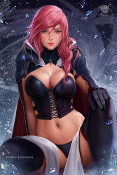 Rule 34 | 1girl, asymmetrical hair, black panties, breasts, cape, cleavage, corset, crystal, final fantasy, final fantasy xiii, gloves, hand on own knee, highres, lightning farron, lightning returns: final fantasy xiii, looking at viewer, mole, mole on arm, mole on stomach, navel, panties, pink hair, prywinko, sitting, smile, solo, square enix, stomach, thighhighs, toned, underwear