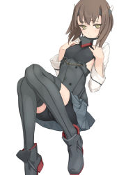 Rule 34 | 10s, 1girl, bike shorts, blush, breasts, brown eyes, brown hair, headband, headgear, kantai collection, looking at viewer, personification, rokuwata tomoe, short hair, simple background, skirt, small breasts, solo, taihou (kancolle), thighhighs, white background