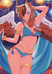 Rule 34 | 1girl, absurdres, animal ears, anklet, arabian clothes, arm behind head, arm up, armlet, armpit peek, backlighting, bangle, bare arms, bare shoulders, bird wings, blue bra, blue eyes, blue nails, blue panties, bra, bracelet, breasts, brown hair, brown wings, cat ears, cat girl, character request, circlet, cleavage, collarbone, commentary, contrapposto, copyright request, cowboy shot, eyelashes, eyeshadow, fingernails, gem, hair over one eye, hair over shoulder, highleg, highres, holding, holding shawl, jewelry, lantern, light brown hair, long hair, looking at viewer, low ponytail, makeup, medium breasts, midriff, multicolored hair, multicolored wings, nail polish, navel, necklace, panties, parted lips, pillow, red gemstone, shawl, side-tie panties, smile, solo, standing, underwear, uni (melm), white hair, white wings, wings