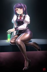 Rule 34 | 1girl, black footwear, black skirt, black vest, breasts, brown pantyhose, collared shirt, cup, drink, drinking glass, finalcake, full body, high heels, highres, jill stingray, juliet sleeves, long sleeves, looking at viewer, miniskirt, necktie, pantyhose, parted lips, pencil skirt, pink eyes, puffy sleeves, purple hair, red necktie, shirt, side slit, signature, sitting, skirt, small breasts, solo, swept bangs, twintails, va-11 hall-a, vest, white shirt