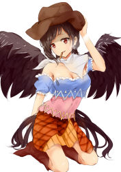 Rule 34 | 1girl, absurdres, bare shoulders, black hair, black wings, blue shirt, boots, breasts, brown eyes, brown footwear, brown hat, capelet, cigarette, cleavage, collarbone, commentary request, cowboy hat, feathered wings, frills, hat, head tilt, highres, kaoshuzi, kneeling, kurokoma saki, looking at viewer, medium breasts, miniskirt, mouth hold, off-shoulder shirt, off shoulder, orange skirt, parted lips, partial commentary, plaid, plaid skirt, puffy short sleeves, puffy sleeves, shirt, short hair, short sleeves, simple background, skirt, smile, smoke, solo, touhou, white background, white capelet, wings