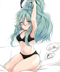 Rule 34 | 10s, 1girl, armpits, arms up, artist name, bare legs, barefoot, black bow, black bra, black panties, black ribbon, blush, bow, bow panties, bra, breasts, character name, female focus, full body, green hair, hair between eyes, hair ornament, hair ribbon, hairclip, holding, holding own hair, kantai collection, lingerie, long hair, looking at viewer, medium breasts, navel, panties, ponytail, ribbon, rizzl, seiza, signature, simple background, sitting, solo, speech bubble, tying hair, underwear, underwear only, white background, yamakaze (kancolle)