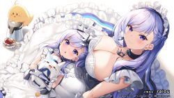 Rule 34 | 2girls, aged down, apron, azur lane, belfast (azur lane), black tea, blue dress, blue eyes, blush, braid, breasts, broken, broken chain, chain, cleavage, collar, collarbone, cup, dress, end card, french braid, frilled apron, frilled gloves, frills, gloves, hand on another&#039;s head, hat, kettle, large breasts, little bel (azur lane), long hair, looking at viewer, low neckline, lying, lying on person, maid, maid apron, maid headdress, manjuu (azur lane), meowfficer (azur lane), multiple girls, official art, on back, open mouth, raiou, ribbon, sailor hat, sitting, smile, tea, teacup, very long hair, white apron, white gloves, white hair