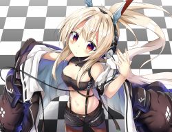 Rule 34 | 1girl, ahoge, ayanami (azur lane), ayanami (rock &#039;n&#039; demon) (azur lane), azur lane, bad id, bad pixiv id, black jacket, black pantyhose, black shirt, black shorts, blonde hair, blush, breasts, cable, checkered floor, cleavage cutout, closed mouth, clothing cutout, commentary request, cowboy shot, crop top, expressionless, from above, hand up, head tilt, headgear, headphones, jacket, legs apart, long hair, long sleeves, looking at viewer, medium breasts, midriff, mitsuhamochi, navel, off shoulder, open clothes, open fly, open jacket, outstretched arm, pantyhose, pantyhose under shorts, ponytail, red eyes, shadow, shirt, short shorts, shorts, sidelocks, solo, standing, stomach, suspenders, turtleneck, very long hair