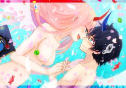 Rule 34 | 10s, 1boy, 1girl, black hair, blue eyes, blue horns, book, breasts, bubble, candy, chibi, commentary, couple, darling in the franxx, face-to-face, facing another, feathers, floating, floating hair, food, forehead-to-forehead, green eyes, heads together, hetero, hiro (darling in the franxx), holding hands, horns, interlocked fingers, lollipop, long hair, looking at another, medium breasts, no nipples, nude, oni horns, pink hair, red horns, short hair, submerged, temaroppu (ppp 10cc), white wings, wings, zero two (darling in the franxx)