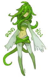Rule 34 | blush stickers, colored skin, commentary, english commentary, full body, green eyes, green hair, green skin, lod chong (food), long hair, long sleeves, looking at viewer, monster girl, navel, niking, no feet, original, personification, plant girl, signature, simple background, sleeves past fingers, sleeves past wrists, smile, thai text, translated, white background