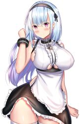 Rule 34 | 1girl, alternate costume, ame sagari, apron, azur lane, bare arms, bare shoulders, black bracelet, black hairband, black ribbon, black skirt, blue hair, breasts, center frills, choker, closed mouth, commentary, covered erect nipples, cowboy shot, dido (azur lane), earrings, enmaided, frilled apron, frilled choker, frilled shirt, frills, gradient hair, grey choker, hair ribbon, hairband, hand in own hair, heart, heart earrings, high-waist skirt, jewelry, large breasts, light blush, long hair, looking at viewer, maid, miniskirt, multicolored hair, pink eyes, purple hair, ribbon, ribbon-trimmed choker, ribbon-trimmed hairband, shirt, side slit, sideboob, simple background, skirt, sleeveless, sleeveless shirt, smile, solo, thighhighs, underboob, waist apron, white apron, white background, white shirt, white thighhighs