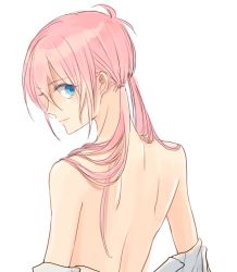 Rule 34 | 1boy, aqua eyes, back, back focus, bad id, bad pixiv id, clothes down, from behind, inazuma eleven (series), inazuma eleven go, kirino ranmaru, long hair, looking back, male focus, pink hair, shino (syllable), shirt down, simple background, solo, twintails, upper body, white background