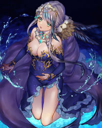 Rule 34 | 1girl, blue eyes, blue hair, braid, braided ponytail, breasts, choker, cleavage, detached sleeves, dress, dutch angle, fins, frills, hair ornament, hairband, kneeling, large breasts, long hair, low ponytail, ningyo hime (sinoalice), ojo aa, open mouth, sad, sidelocks, sinoalice, solo, teeth, water