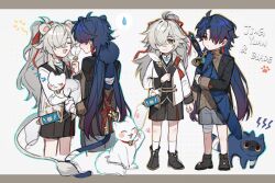 2boys :d ^_^ aged_down ahoge animal animal_ears animal_on_shoulder bandaged_hand bandaged_leg bandaged_tail bandages bell black_footwear black_jacket black_shorts black_vest blade_(honkai:_star_rail) blue_cat blue_hair boots cat cat_on_shoulder character_name child chinese_clothes closed_eyes closed_mouth commentary cropped_legs crossed_bangs curtained_hair earrings english_commentary expressionless facing_away feathers gradient_hair grey_background grey_shorts hair_over_one_eye hair_ribbon hand_up high_ponytail highres holding holding_animal holding_cat holding_sword holding_weapon honkai:_star_rail honkai_(series) jacket jewelry jing_yuan jingle_bell lion_ears long_hair long_sleeves male_focus mandarin_collar mole mole_under_eye multicolored_hair multiple_boys multiple_views neck_bell one_eye_covered open_clothes open_jacket open_mouth osamu18568716 parted_bangs paw_print ponytail red_eyes red_hair red_ribbon ribbon sheath sheathed shirt short_shorts shorts simple_background smile socks speech_bubble spoken_sweatdrop squeans sweatdrop sword two-tone_background very_long_hair vest weapon white_background white_cat white_hair white_jacket white_shirt white_socks yellow_eyes zzz