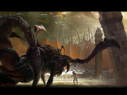 Rule 34 | 1girl, arena, battle, building, claws, column, concept art, guild wars (series), guild wars 1, gwen (guild wars), letterboxed, monster, non-web source, pillar, scorpion, size difference, spikes, tent, tower