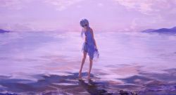 Rule 34 | 1girl, absurdres, barefoot, beach, breasts, chochomi, cloud, commentary, dress, evening, highres, long hair, mountain, ocean, original, outdoors, purple sky, sandals, scenery, shoes, unworn shoes, skirt hold, sky, small breasts, solo, standing, symbol-only commentary, water, white dress, white hair