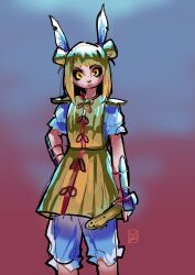 Rule 34 | 1girl, absurdres, arm ribbon, black sclera, blonde hair, bloomers, blue background, blunt bangs, blurry, blurry background, bracer, closed mouth, colored sclera, commentary request, cowboy shot, double bun, dress, expressionless, frilled sleeves, frills, hair bun, hair ribbon, hand on own hip, haniwa (statue), highres, holding baton, joutouguu mayumi, korean commentary, looking at viewer, medium hair, red background, red ribbon, ribbon, shirt, short sleeves, shoulder blades, signature, simple background, sleeveless, sleeveless dress, solo, touhou, two-tone background, underwear, waiwa way, white bloomers, white ribbon, white shirt, white sleeves, yellow dress, yellow eyes